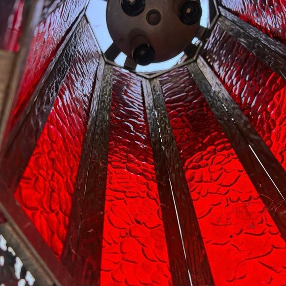 Pair Vintage 23” Red Glass Hanging Lantern Lamps – Spanish Revival Gothic - Picture 6 of 6